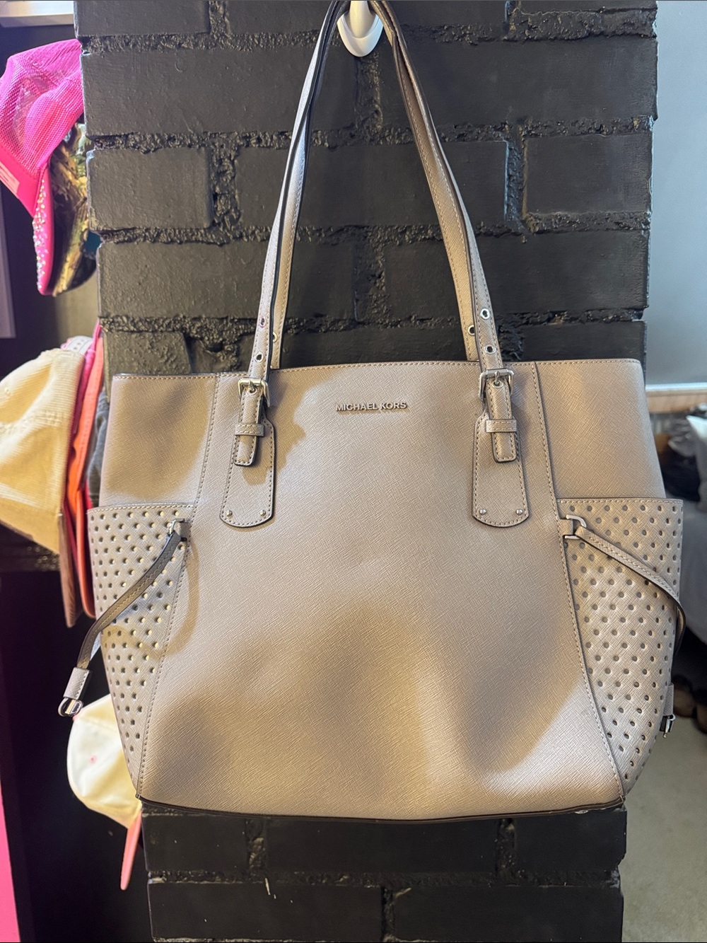 Michael Kors Beige Saffiano Tote with Perforated Side Panels